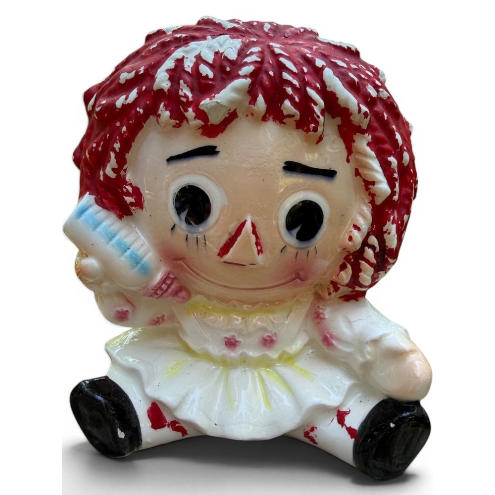 Vintage Raggedy Ann Planter Relpo Ceramic Red White Kitsch Nursery Decor 6465